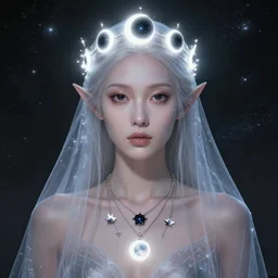 a portrait of a galaxy as an androgynous druid spirit wearing five necklaces of moons and stars, wearing a glowing crown of black holes, black eyes and sclera, draped in transparent cloth, flat colors, occult, minimal, swirly, bust by alphonse mucha, decorative art nouveau border, astrophotography, vast cosmos, digital concept art, trending on artstation