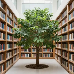 a beautiful tree growing in the middle of a library. striking image, beautiful scene. photo-realistic