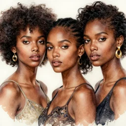beautiful watercolor painting of young black women, intricate, elegant, highly detailed, digital painting, artstation, concept art, smooth, sharp focus,, dynamic lighting, ultrarealistic, cinematic, octane render, 8 k