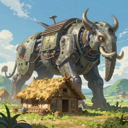 an intricate concept art, fantasy, asian farm hut, shack, haystack behind, a large mechanical biomes, megafauna, low - angle, close up shot, ultra photorealistic, ultra sharp, artstation, cgsociety, masterpiece, anime colors, by ivan talavera, by wlop, octane render, 8 k