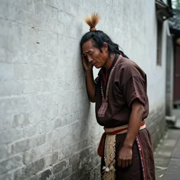 a ultra high resolution photo a tai warrior, 4 0 years old, standing in traditional costume. he is standing with his head pressed on the old white brick wall in a narrow alleyway. he is crying. the light is dim, and the colours are muted.