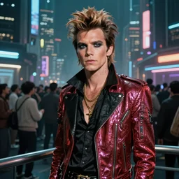 ziggy stardust from Mars anamorphic illusion 4k, in the style of Dan Mumford, with a crowded futuristic cyberpunk city in the background, astrophotgraphy