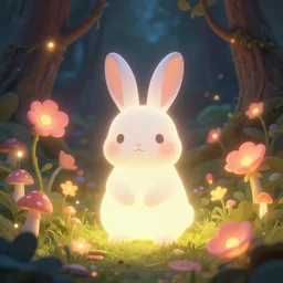 a glowing luminous bunny surrounded by luminous pink orange yellow flowers and mushrooms in an enchanted forest trending on artstation hdr instagram photo fantasy art