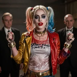Lady Gaga as real-life Harley Quinn, cinematic, Wide-shot, atmospheric lighting, directed by Martin Scorsese, extreme detail, 8K, movie still