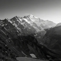 award winning landscape photography of mont blanc, wide angle, high contrast, black and white, peaks lighten up by god rays, beautiful sunrise