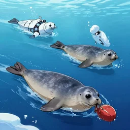 “robot seals swimming through the Arctic Ocean, anime style”