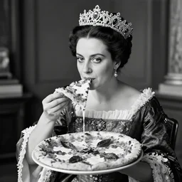 a beautiful historical photo of royal queen margherita of savoy eating a pizza margherita, regency, black and white photo, sharp focus, smooth lighting