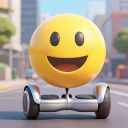 a smiley face emoji riding a hoverboard in the city