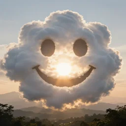 one giant smiley face shaped cloud with holes for eyes and mouth, in a nature scene by marc adamus, high definition, sun breaking behind the face at sunset, spiritual, holy, humbling