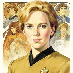 charlize theron, starfleet officer, finely illustrated face, highly detailed, colored pencil, studio ghibli, tankobon, in the style of ilya kuvshinov and krenz cushart and william - adolphe bouguereau and alphonse mucha