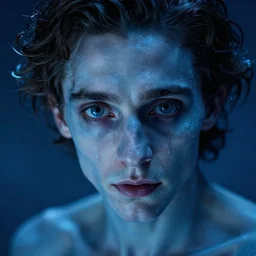 hyperrealistic close-up TIMOTHEE CHALAMET as a Pleiadian! highly detailed concept art eric zener elson peter cinematic hard blue lighting high angle hd 8k sharp shallow depth of field, inspired by David Paul Cronenberg and Zdzisław Beksiński