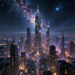 a cosmic city, epic fantasy art, cosmic atmosphere, futuristic, glowing stars, cosmic sky, cosmic architecture, high definiton, high detail, photo - realistic, ultra realistic, hyper realistic, trending on artstation, deviantart, ultra hd, 4 k uhd, n - 3