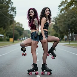two surreal goth babes, riding on each other's shoulders wearing roller skates