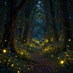 an enchanted forest full of fireflies, night, warm light, fantasy art