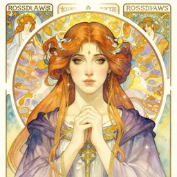 masterpiece head-on symmetrical centered painted portrait, Maya Ali as D&D sorcerer, watercolour Art Nouveau artwork, wearing wizard robes, delicate, elegant, tarot card background, in the style of ROSSDRAWS and Ruan Jia and Ross Tran and Alphonse Mucha and Ayami Kojima and Charlie Bowater and Karol Bak and Jean Delville, rich bright colours