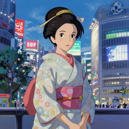 geisha in front of shibuya. cyberpunk. beautiful blue sky. gorgeous epic nature, lofi, vivid colors, amazing light, by jeremy lipkin, by claude monet, by goseki kojima, heavily inspired by makoto shinkai, inspired by ghibli, masterpiece, multiple brush strokes, impressionist style