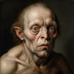 highly detailed coloured dutch renaissance painting of distorted deranged humanoid monster, wrinkly skin with clumps of hair on face and four eyes