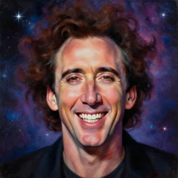 nicholas cage big smile exploding head, cosmic starfield background oil painting masterwork trending on artstation