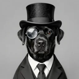 portrait of a black dog wearing a suit and a top hat and a monocle on one eye, digital painting, duotone