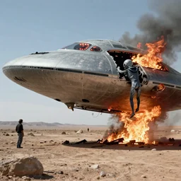 HD Photo of a UFO crashed and burning in the desert, Whitley Strieber Grey Alien climbing out of a crashed flying saucer in the Roswell New Mexico desert.