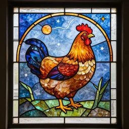 a stained glass window depicting the universe chicken