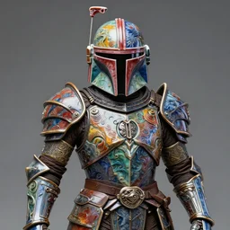 fantasy art ultra 4 k photo of a bizzare colorful metal armor knight mandalorian mask made of ceramic carved by a master engraver in the style of h. r. giger