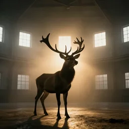 a weak silhouette of a great deer standing majestic in a large industrial room with small windows, golden light, thick mist, backlit, insane details, hyperrealistic photo by jimmy nelson, trending on artstation