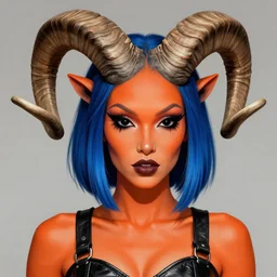 illustrated realistic portrait of ram-horned devil woman with blue bob hairstyle and her tangerine colored skin and with <black evil eyes> wearing leather by rossdraws