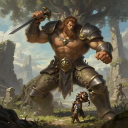 giant male knight wrestling living tree, ruins landscape, d & d, fantasy, highly detailed, digital painting, artstation, octane render, concept art, matte, sharp focus, illustration, hearthstone, art by artgerm and greg rutkowski and alphonse mucha