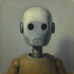 sad robot portrait, visage, dystopian, pj crook, edward hopper, oil on canvas