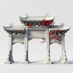 3 d photographic render of an ancient gate sculpture with red sakura flowers made of chrome, chrometype, made of liquid metal, neotribal with metallic thorns and thunders, raytracing, hyper realistic, volumetric lightning, 8 k, by zhelong xu and ouchh studio