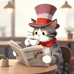 a cat in a hat drinking tea and reading a newspaper in a cafe, digital art