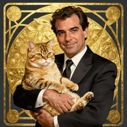 “ george costanza holding grumpy cat, art nouveau, gold - leaf, very detailed, high quality, by alphonse mucha ”