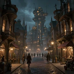 fantasy steampunk victorian city, with people walking on the streets, at night, 4k, concept art