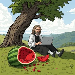 sir isaac newton sitting under a tree on a hill holding a macbook - pro, a big crushed watermelon is lying on the ground next to him, in the style of calvin and hobbes