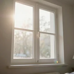 photo of interior design house, super detail of a white window in a bedroom, close up, view from bottom, sunday morning, sun, bokeh, lens flare hit camera, yellow light, diffuse light, instagram trending picture, instagram filter, smoky, foggy, professional photography