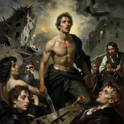 apocalypse wreaking havoc and destoyring edifices by Greg Rutkowski and Eugène Delacroix and Francis Bacon and Hieronymus Boch, artistic, sweat and labour, realistic fantasy, beautiful faces aesthetic, establishing shot, 8k resolution, dramatic lighting