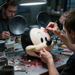 people in neon workshop repairing bloody mickey mouse head, made by beeple, cgsociety, artgerm, greg rutkowski, highly detailed intricate 8 k art, low light cinematic, 2 4 mm lens, upper view close distance