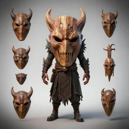 flesh and wood mask rogue demon design, character sheet, 3d render, Greg Rutkowski, Zabrocki, Karlkka, Jayison Devadas, Phuoc Quan, trending on Artstation, 8K, ultra wide angle, zenith view, pincushion lens effect