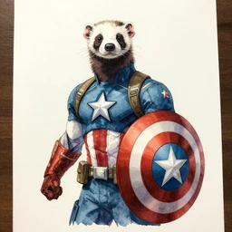 A ferret as Captain America, Watercolour and pen