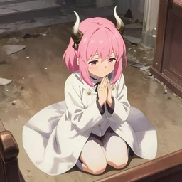 cute japanese girl with small horns and short pink hair, dressed in an old white coat, praying on the floor of a destroyed church, with an elegant smile, view from above, detailed artwork by Yoji Shinkawa