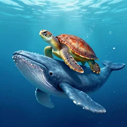 a turtle riding a whale in the sea, 8k, digital art, photorealistic