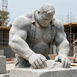 a large muscular man, made of stone, wearing a plaid shirt, working construction