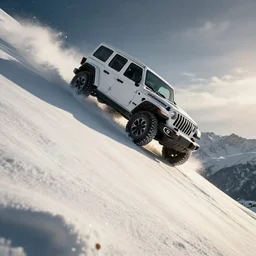 white jeep wrangler driving up a steep snowy mountain cornice, high quality digital art, dramatic lighting, cinematic, photo realism