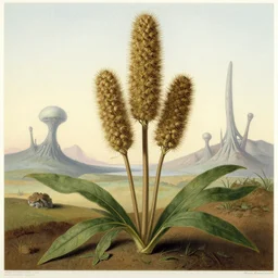 botanical illustration of lampwort, showing the spikes of lamp - like fruits in front of an alien landscape, by martin johnson heade.