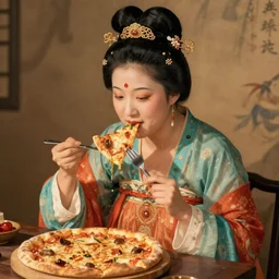 the Chinese ancient painting of a lady eating a pizza with fork and knife in Tang Dynasty , by Han Xizai