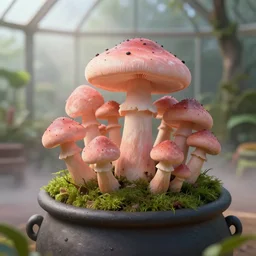 hyperrealistic! photo of peachy pink mushrooms mushrooms black spots black hairy!!!! mushrooms in a witch cauldron, moss, dark pastel colors, misty, in greenhouse!! ray of light from the window, botanical, matte painting, by sheldrake, rembrandt, artgerm, blender
