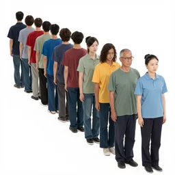 long line-up of suspects, full body view, sorted by color, white background