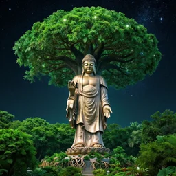 big budha statue standing in the middle of a matte landscape, world tree with branches in the stars and roots in the underworld, vast, epic, starry, lush, greenery, cinematic color scheme, by artstation artists, 4 k wallpaper, uhd quality, unreal engine, glossy paper quality, vivid color scheme