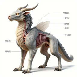 Medical illustration of a mythical creature's anatomy, with labels. High quality, highly detailed, professional medical illustration.